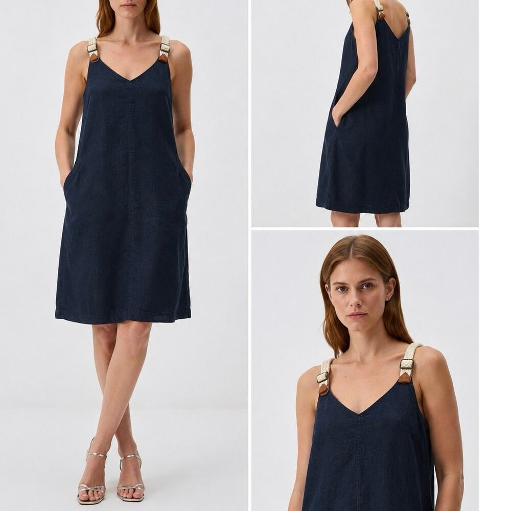 Jimmy Key 100% Linen Navy Shift Dress M Sleeveless Pockets Bow Strap Summer